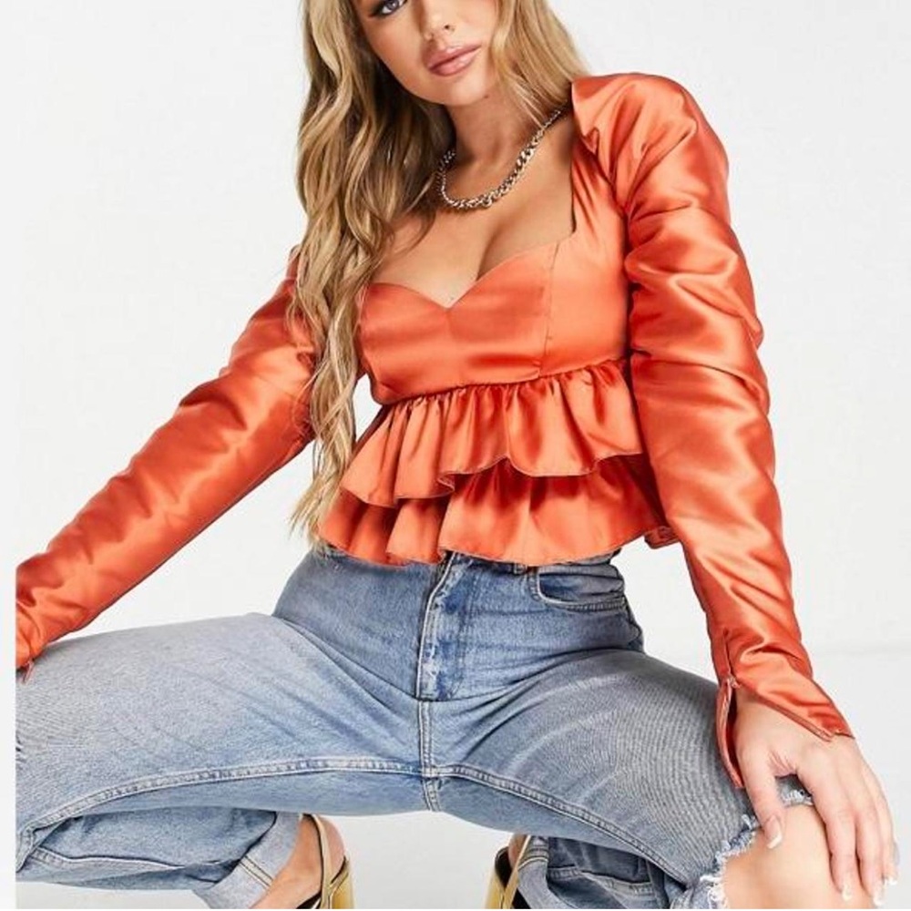 Asos Luxe Satin Babydoll Blouse Ruffle Blouson Sleeve Cinnamon Long Size 6 NWT - Picture 1 of 12